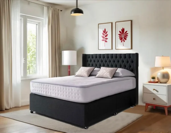 Black Chesterfield Wing Divan Bed – 3ft to 6ft Drawer Storage & Matching Storage Box