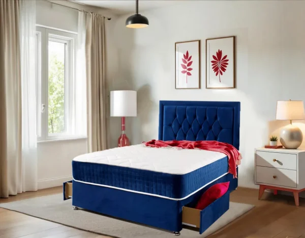 Navy Blue Divan Bed In Plush, Crushed & Chenille Divan Bed With Drawers