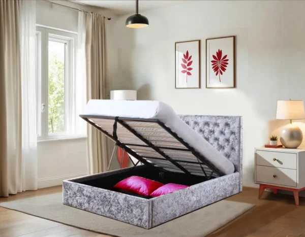 Crushed Velvet Ottoman Sleigh Bed - Free Delivery