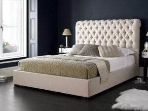 Chesterfield Chenille Cream Sleigh Bed With Matching Headboard | Footboard